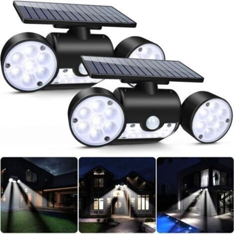 Lampe Solaire Exterieur Puissante, 30 LED Lumière Sécurité Détecteur de Mouvement Trois Tête Spots Eclairage Sans Fil Etanche IP65 Grande Panneau Solaire à 360Ḟ pour Jardin Patio Porte Garage (2pcs).. (1/4)