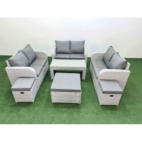 Fimous 9 Seater PE Wicker Rattan Furniture Sofa Sets with Oblong Coffee Table 2 Seater Love Sofa 3 Stool Light Grey (1/4)