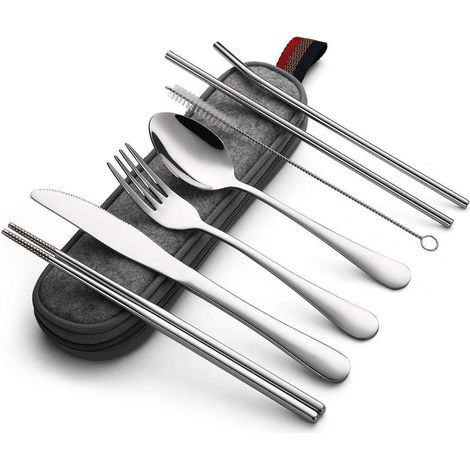 Set De Couverts Portatif - Acier Inoxydable - Pour Voyage Camping Pique-Nique Bureau École - 8 Pièces (1/5)
