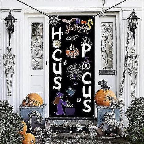 Décorations de porte pour Halloween 2025 : housses de porte, grande pancarte décorative pour porte d'entrée, décorations de porche, articles de fête d'Halloween (1/5)
