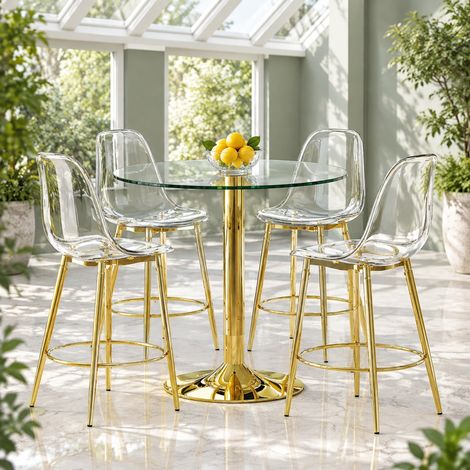 Bar-Set mit rundem Glastisch 89 cm und 4 transparenten Hockern, Gestell goldfarben (1/5)
