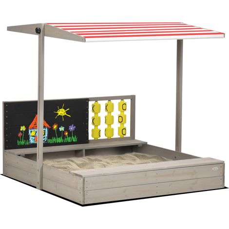 Bac à sable carré en bois pour enfants avec bancs toit réglable tableau et jeux  114 x 113 x 110 cm gris