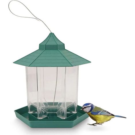 Mangeoire à oiseaux, mangeoire d'extérieur, mangeoire suspendue, grande capacité, étanche, hexagonale, pour le jardin, pour suspendre la nourriture aux oiseaux sauvages (verte) (1/5)
