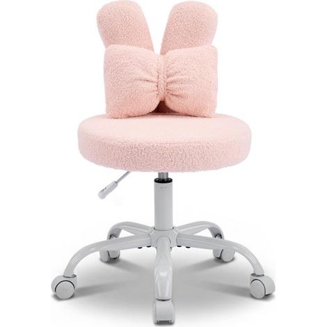 Chaise de bureau à oreilles de lapin rose, dossier avec nœud, 43×45 cm, hauteur réglable, pivotante 360°, tabouret rond à roulettes, assise rembourrée polaire douce, pour chambre, bureau, maison (1/5)