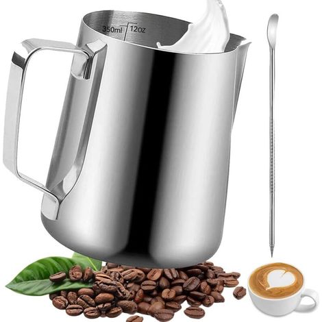 Pichet Lait Inox, 350ml Pot à Lait Avec Lignes de Mesure et Latte Art Pen, Milk Frother, Pichets-mousseurs à lait pour Cappuccino, Expresso, Latte Art