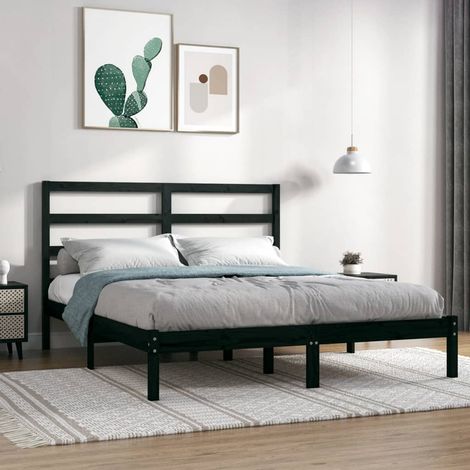 Lit adulte Contemporain Cadre de lit Noir Bois de pin massif 140x190 cm 71354 (1/5)