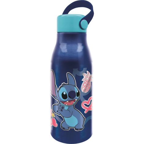 Borraccia Originale Disney Stitch da 760 ml in alluminio per bambini con cappuccio con manico in silicone e coperchio con gancio.