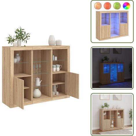 The Living Store Buffets avec lumières LED 3 pcs chêne sonoma bois d'ingénierie - Buffet Moderne - Meuble De Rangement - Luminaire Led - Décoration Intérieure - Bibliothèque Murale