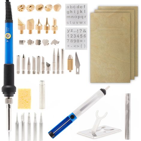 Pirografo Techrebal "Blue Jet" TBJ60W con compensato / saldatore con potenziometro 60W + set di accessori per pirografia e saldatura a stagno