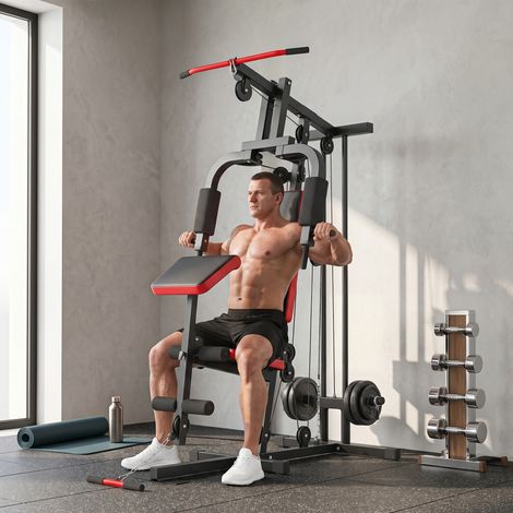 Station de Musculation Polyvalente avec Poids Libres, Banc Inclinable, 136x107x205cm, Noir et Rouge (1/5)