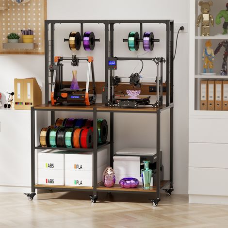 Support pour 2 imprimantes 3D en métal noir avec rangement filament et roulettes verrouillables (1/5)