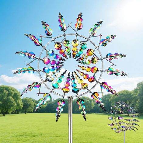 Molino de viento de jardín al aire libre, molino de viento cinético 3D único y mágico hecho de metal inoxidable, molino de viento mágico para patio, césped, patio, jardín, esculturas cinéticas (brilla (1/5)