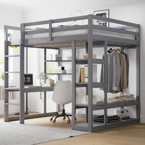 Letto a Soppalco 140x200 cm in Legno con Scrivania e Contenitori Integrati (1/5)