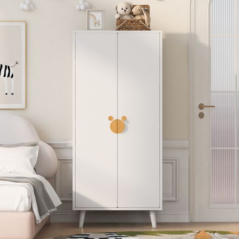 Armoire 2 portes 70x55x170 cm avec penderie, rangement bas, pieds surélevés et poignées fantaisie, MDF blanc (1/5)