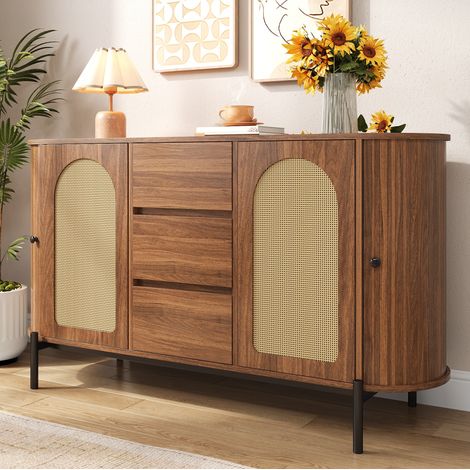 Ovale Sideboard mit Schiebetüren, Türen und Schubladen, Nussbaum, 140x38x77,5 cm (1/5)