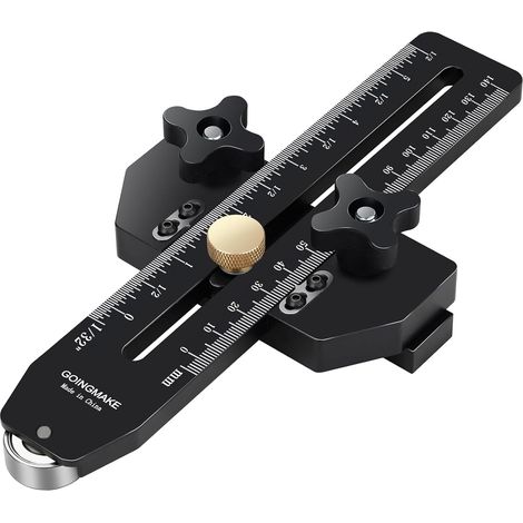 Thin table saw jig guide for making repetitive narrow thin strip cuts. Woodworking tools. Quick-release thin offset guide table fits 3/8" x 3/4" T-slot. (1/5)