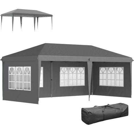 Tente pliante 6 x 3 m avec 4 côtés détachables, tonnelle de jardin avec 4 fenêtres et sac de transport, grise