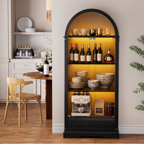 Vetrina alta 180 cm nera con ante in vetro, LED, cassetto e design ad arco per soggiorno e sala da pranzo (1/5)
