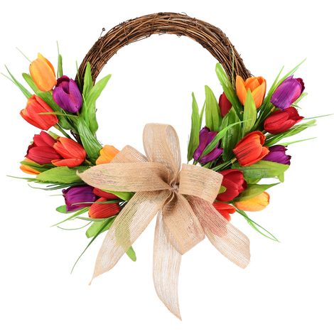 Künstlicher Tulpenkranz  Türdekoration  Naturrattan  40 cm Durchmesser  Leuchtende Seidenblumen  Verschiedene Farben, Rosa, Weiß  Tulpenkranz für Zuhause und Büro (1/5)