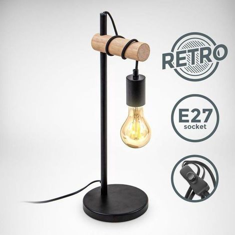 lampe de chevet design rétro industriel bois & métal éclairage salon & chamber lampe à poser douille E27 noir (1/2)