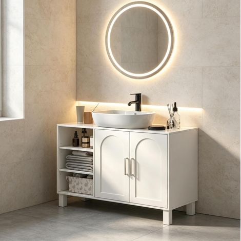 Meuble sous-vasque avec étagères ouvertes et doubles portes, 90 x 30 x 63 cm, crème HAVRYA (1/5)