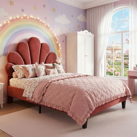 Einzelbett 90x200 cm Kinderbett Polsterbett, Prinzessinnenbett mit höhenverstellbarem Kopfteil im Muschel-Design, Samtstoff, Bettgestell für Jugendliche, Rosa