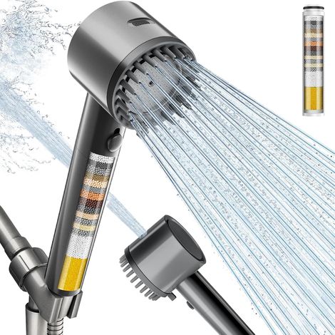 Cobbe Duschkopf mit Filter und Handbrause, 4+1 Strahlarten mit Filtern, integrierte Power-Wash-Funktion für hartes Wasser – entfernt Chlor – reduziert trockene, juckende Haut, luxuriöses Grau (1/5)