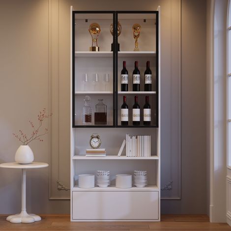 Vetrina con 1 Cassetto e 6 Livelli, LED Controllata tramite App, per Soggiorno, MDF e Vetro, Bianco, 80 × 34 × 180 cm (1/5)