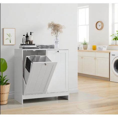 Armoire de Buanderie Inclinable avec 2 Paniers Amovibles, Armoire de Rangement pour Salle de Bain Autoportante