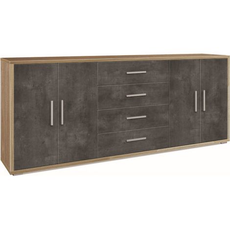 Mueble móvil con 4 puertas y 4 cajones, 203L x 41P x H84 – Acabado en madera nogal y negro mate – Sarmog