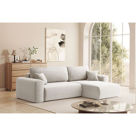 Ecksofa Schlafsofa FLORA Stoff Poso Altweiß Ottomane Rechts