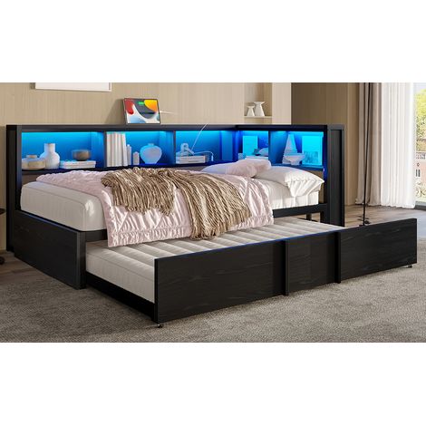 Cama nido moderna de metal y MDF 90x200 cm negra, con cama extraíble, 5 compartimentos, LED y puertos USB (1/5)