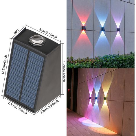 Solar-Wandleuchte für den Außenbereich, geeignet für Hof, Garten oder Villa, wasserdicht, mit vertikaler und horizontaler Beleuchtung (trapezförmige Wandleuchte mit 2 LEDs [einstellbare Lichtfarbe], S (1/5)