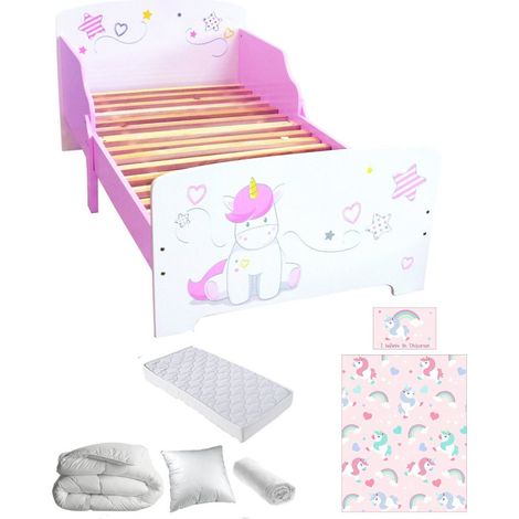 Lit enfant Licorne 140x70 cm – Pack complet avec matelas, parure 5 pièces, couette et oreiller – Textile anti-acariens – Bebegavroche (1/5)