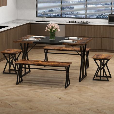 Structure Métal en X Gain de Place Ensemble Table à Manger avec Bancs et Tabourets 4-6 Personnes Table Salle à Manger Cuisine (1/5)