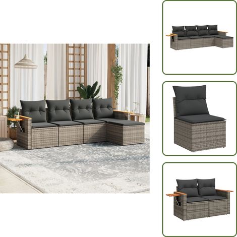 The Living Store Salon de jardin 5 pcs avec coussins gris résine tressée - Ensemble Salon De Jardin - Meuble De Jardin - Mobilier Extérieur - Salon De Jardin Design - Fauteuil De Jardin (1/5)
