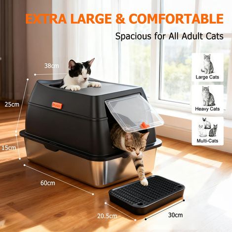 Maison de Toilette pour Chat XL en Acier Inoxydable Bac à Litière Anti-Odeur et Anti-Projection Entrée Supérieure et Avant Grand Bac à Litière Fermé avec Tapis et Pelle pour Grands Chats (1/5)