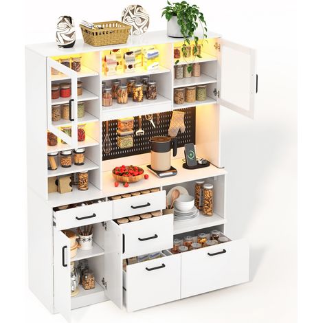 Armoire de cuisine avec prises et buffet de cuisine LED, meuble de rangement 5 tiroirs avec plan de travail, 145x40x185 cm, Blanc (1/5)