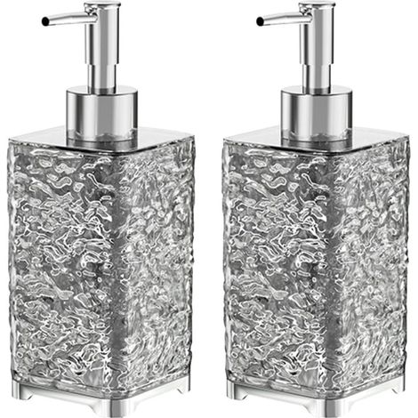 Confezione da due flaconi di gel igienizzante mani in schiuma, con corpo in plastica trasparente e testina a pompa in acciaio inox, ricaricabili, adatti per cucine, bagni e hotel. (1/5)