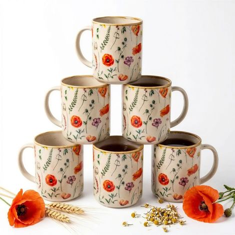 SET DI 6 TAZZE IN CERAMICA 400 ml PER CAFFÈ TÈ FIORI PAPAVERI Ø9 cm (1/5)