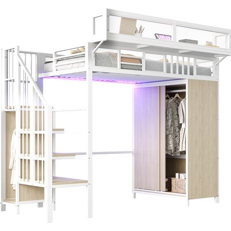 Lit mezzanine en métal 90 × 200 cm avec armoire, échelle de sécurité, éclairage LED et garde-corps en treillis, avec étagères amovibles, blanc (1/5)