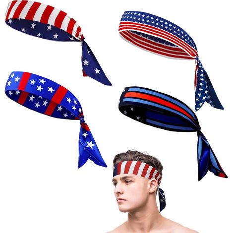 Lot de 4 bandeaux à nouer aux couleurs du drapeau américain (90 x 5 cm), bandanas patriotiques pour le sport, accessoires pour la fête nationale américaine (4 juillet), bandeau anti-transpiration, idé (1/5)