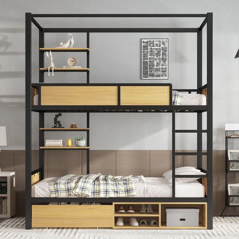 Lit superposé 90x200 en métal et bois - étagères latérales - espace sous lit - support rideau - noir et naturel (1/5)