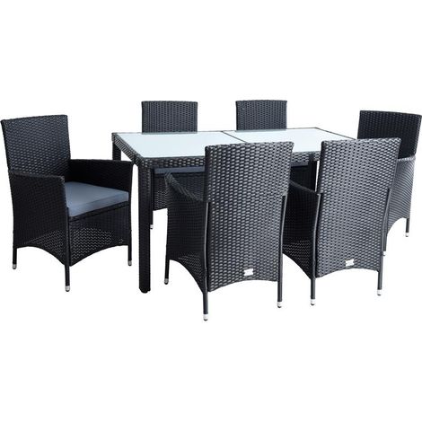 Estexo – Ensemble table et chaise de jardin 6 personnes – Polyrotin noir – Fauteuils confortables – Table en bois d'acacia 190x90cm (1/5)