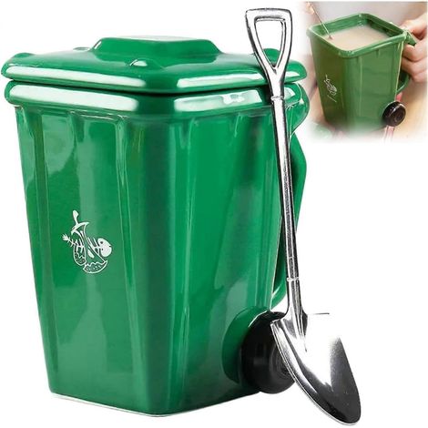 Mug poubelle recyclage céramique 414 ml (14 oz) avec cuillère-pelle, mug fantaisie écologique original pour bureau (1/5)