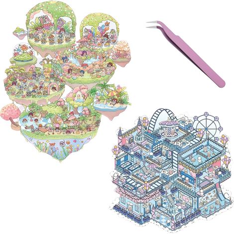 2 ensembles de stickers de maison 3D de taille oversized, scènes de l'île rose et du parc d'attractions bleu, avec pince Idéal pour les adultes et les enfants pour réduire le stress (2130 cm) (1/5)
