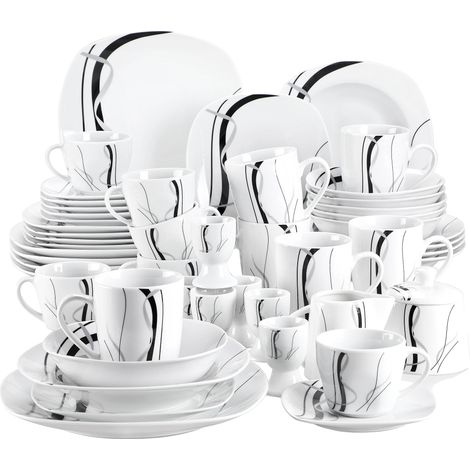 Service de dîner en porcelaine 50/100 pièces, compatible micro-ondes et lave-vaisselle, design à lignes noires (1/2)
