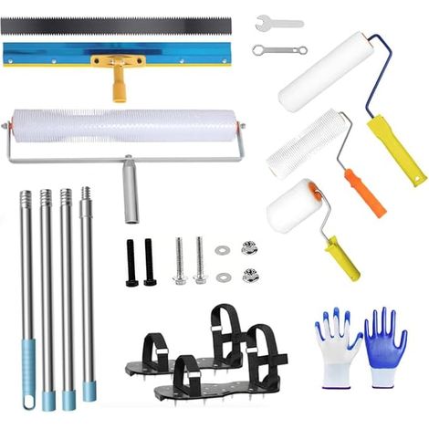 Kit d'outils de revêtement de sol pour sols autonivelants, avec manche télescopique de 160 cm, grattoir de sol, rouleau à points, chaussures à pointons, 1 paire de gants, masse de nivellement (1/5)