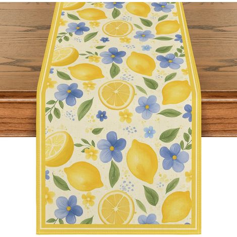 Chemin de table d'été jaune citron feuilles et fleurs - 40 x 140 cm - Décoration saisonnière de table de cuisine - Décoration de table de cuisine, intérieur, vacances, fête (1/5)