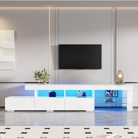 Mueble TV blanco laqueado con LED, 3 cajones, 2 estantes de vidrio y 7 espacios de almacenaje, diseño moderno 180 cm (1/5)